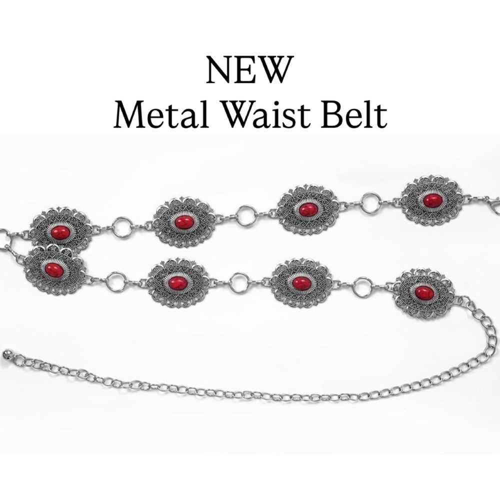 NEW Metal Chain Waist Belt, Red Faux Stones, Silver Tone, Southwestern Boho